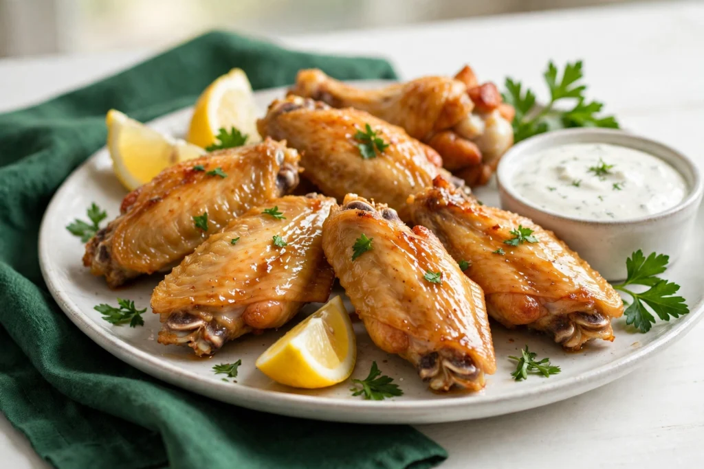 Is Wingstop Halal? Status by Country and How to Check Your Store 1 Plate of glazed chicken wings with lemon wedges, parsley and ranch dip
