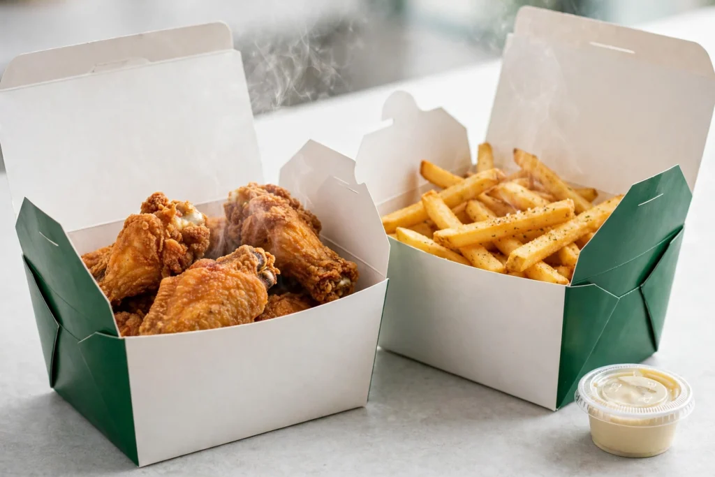 Is Wingstop Halal? Status by Country and How to Check Your Store 2 Takeout boxes of fried chicken wings and seasoned fries with a dip cup