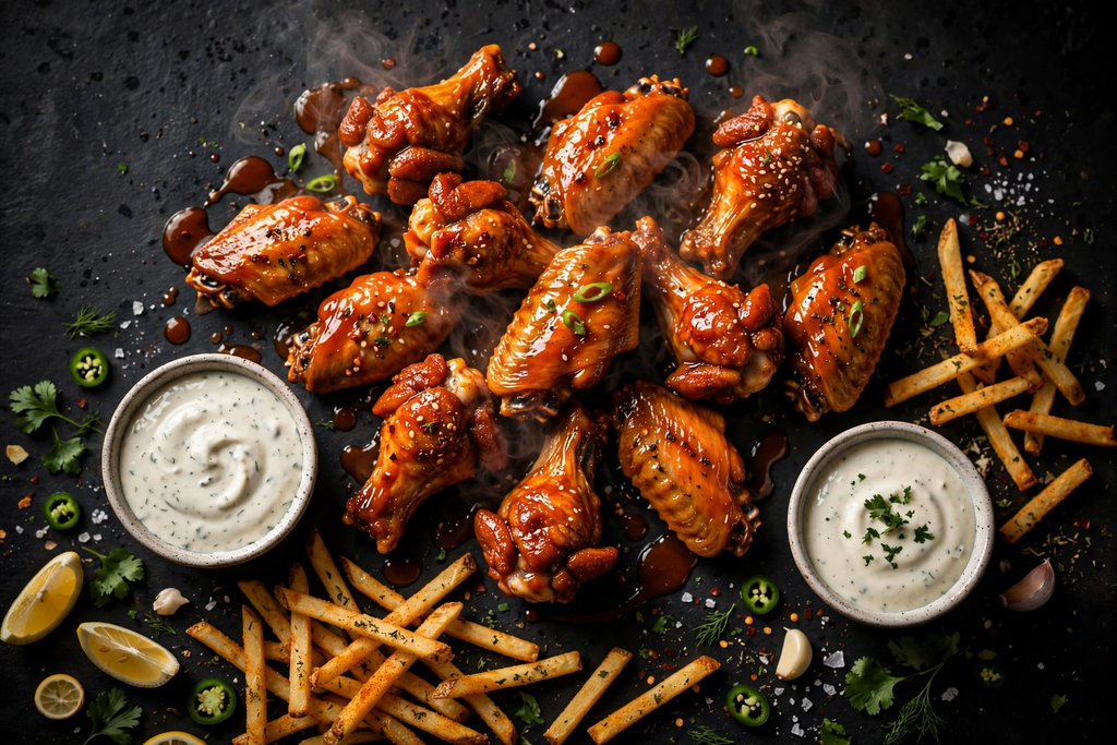 Wingstop catering party packs with wings, fries and ranch dips