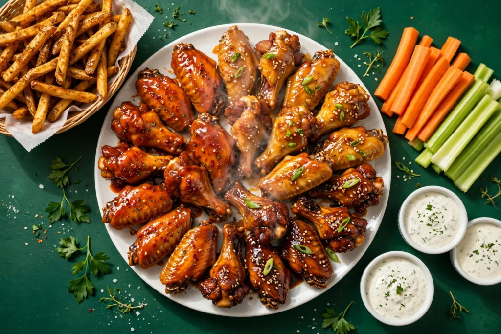 Large platter of glazed wings with fries, veggie sticks and ranch dips on a green table