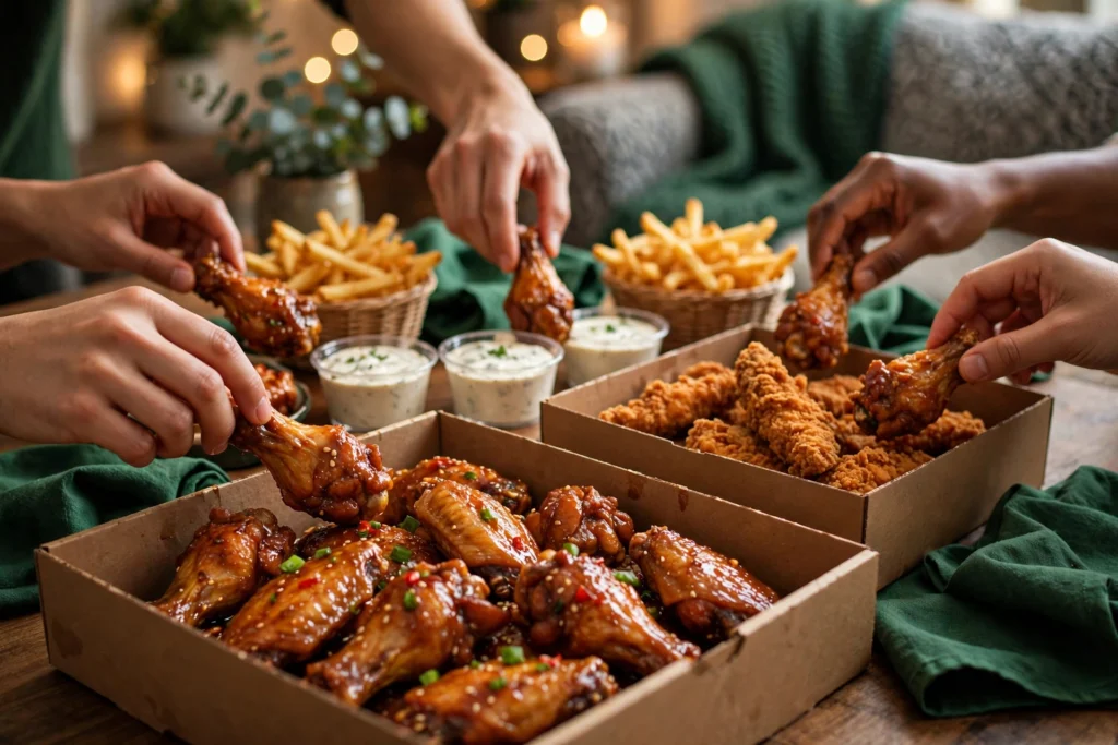 Family sharing boxes of wings and tenders with fries and dips at home