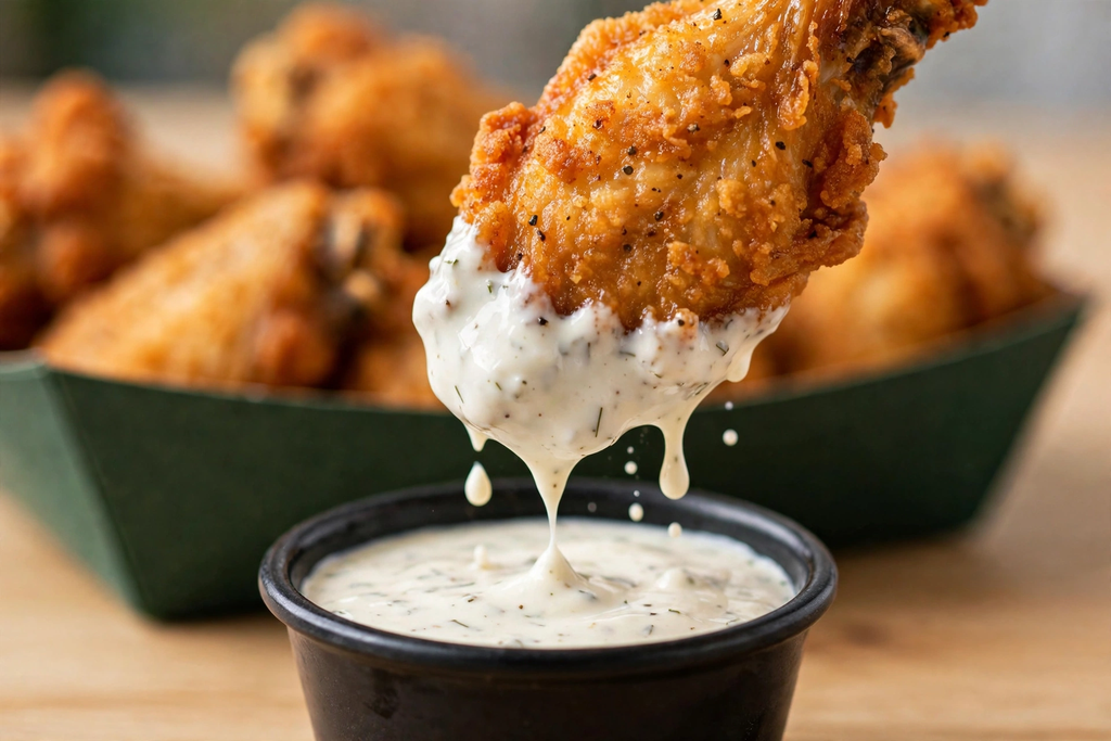 Wingstop Bone-In vs Boneless: Which Wings Are Better? 2 Crispy Wingstop wing dipped in ranch sauce